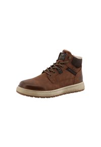 Bruine leren enkellaarsjes met textuuraccenten, contrasterende tan zool, ronde neus en vetersluiting. Zachte kraag voor extra comfort.