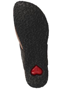 Black rubber outsole with intricate swirl pattern, featuring a red heart-shaped detail at the center and brown leather upper edge.
