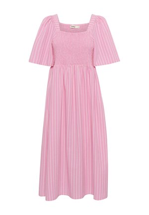 Rochie midi cu dungi roz, decolteu pătrat, mâneci scurte bufante și bust smockat. Material ușor cu un design de fustă fluidă.