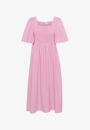 Vestido midi a rayas rosas con escote cuadrado, mangas cortas abullonadas y cuerpo fruncido. Tejido ligero con un diseño de falda fluida.