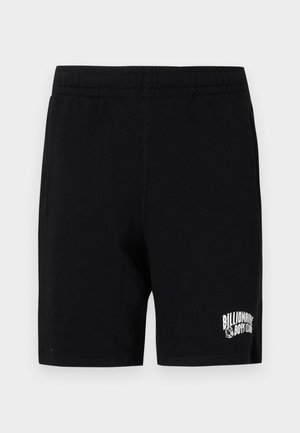 Shorts noirs en mélange de coton doux avec une taille élastique, présentant un logo blanc sur la jambe gauche et des poches latérales.