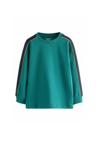 Hosszú ujjú türkiz színű pulóver, tengerészkék ujjakkal és sárga díszítéssel a válltól és a karoktól, bordás mandzsetták és kerek nyak.