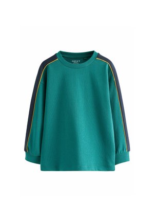 Langärmliger tealfarbener Sweatshirt mit marineblauen Ärmeln und gelben Paspelierungen entlang der Schultern und Arme, gerippten Bündchen und Rundhalsausschnitt.