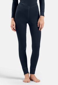 Navy ribbed leggings with a slim fit, featuring a high waistband and fitted cuffs, made of a soft, stretchy fabric.