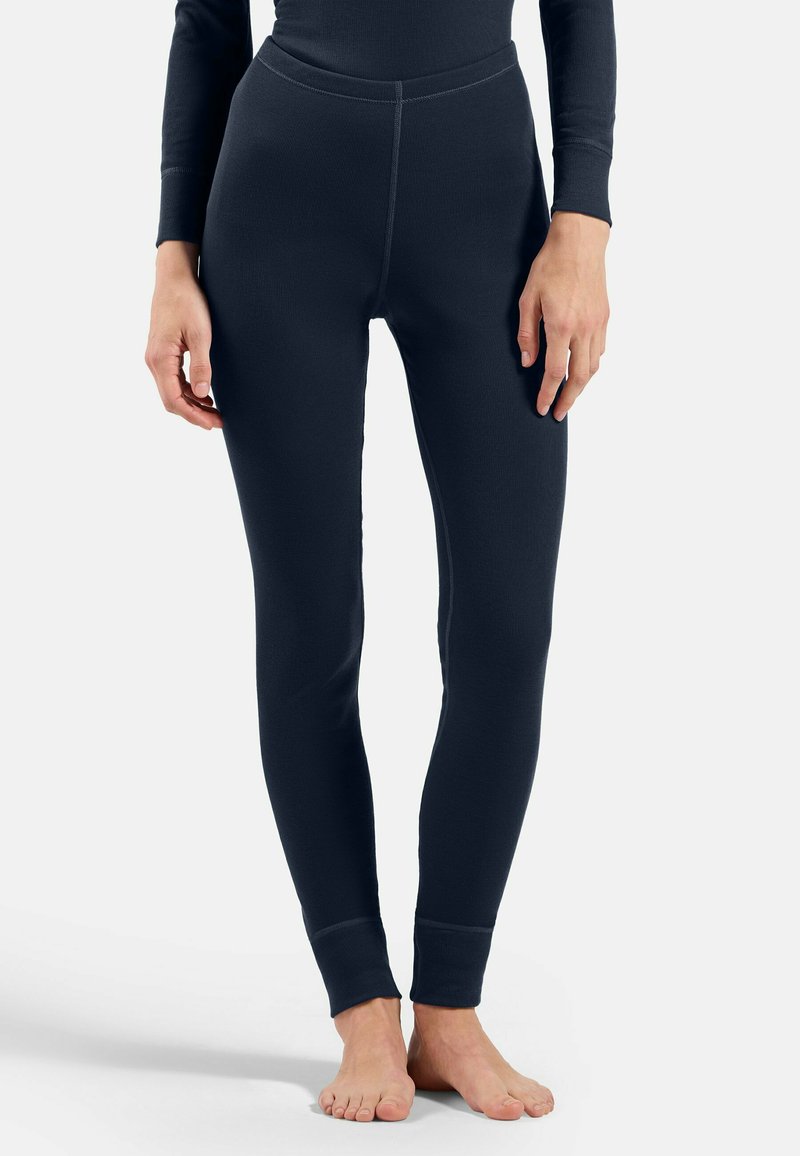 Navy ribbed leggings with a slim fit, featuring a high waistband and fitted cuffs, made of a soft, stretchy fabric.