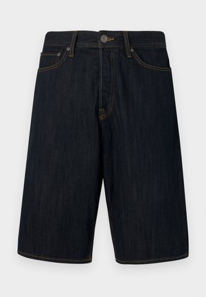 Sötét denim rövidnadrág egyenes szabással, sárga varrással, öt zsebbel és elöl gombos záródással. Simább textúra.