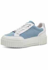 Blue denim and white faux leather sneaker with a thick, ridged sole. Features lace-up closure and subtle branding on the side.