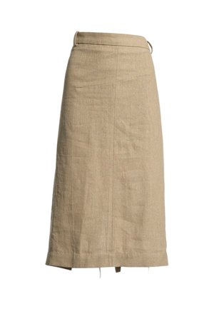 Beige rok tot op de knie met een aansluitende taille, subtiele naaddetails en een rechte, licht uitlopende pasvorm.