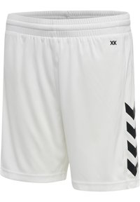Witte sportshorts met een elastische tailleband, voorzien van een zwart chevronpatroon langs de zijkant. Gemaakt van lichtgewicht, soepel materiaal.