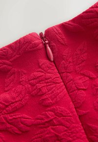 Sarkans teksturēts audums ar lapu rakstiem, gluda virsma un redzama rāvējslēdzēja aizdare aizmugurē.