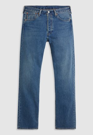 Blue denim jeans with a straight leg design, five pockets, and silver hardware. The fabric has a faded finish with orange stitching accents.