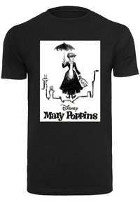 Černé tričko s potiskem ženy držící deštník a tašku, s textem "Disney Mary Poppins" stylizovaným písmem níže.
