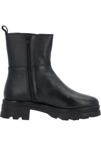 Botas de tobillo negras hechas de cuero texturizado, con cremallera lateral y suela de goma gruesa que presenta un patrón de banda para un mejor agarre.