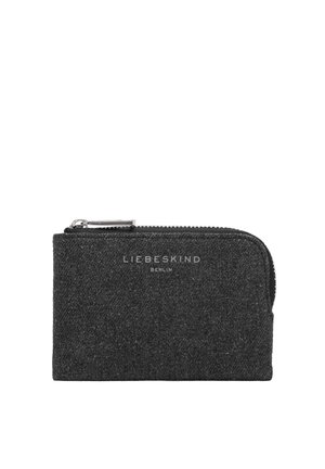 Mała, ciemnoszara materiałowa saszetka na zamek z srebrnym suwakiem i logo „Liebeskind Berlin” umieszczonym na środku z przodu.