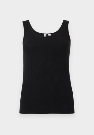 Svart ribbestrikket ermeløs singlet med rund hals, vist flatt mot en lys bakgrunn.
