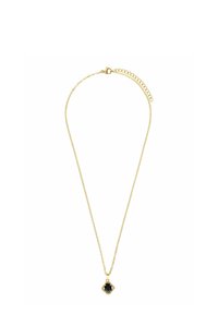 Collier en chaîne dorée mettant en avant un bijou en pierre noire au centre, monté de manière ornée avec de petites accents. La chaîne est équipée d'un fermoir et d'une longueur ajustable.
