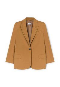 Blazer color cammello realizzato in tessuto liscio, con rever a punta, chiusura con un bottone e due tasche frontali. Design sartoriale con decorazioni minime.