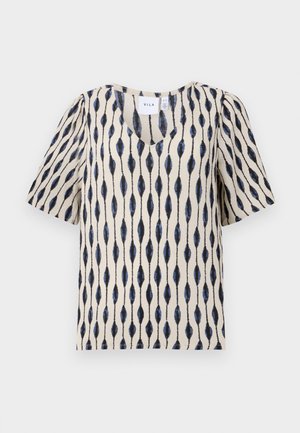 Crème top met korte mouwen en een V-hals, voorzien van een onderscheidend navy en zwarte langwerpige bladerenpatroon over de stof.