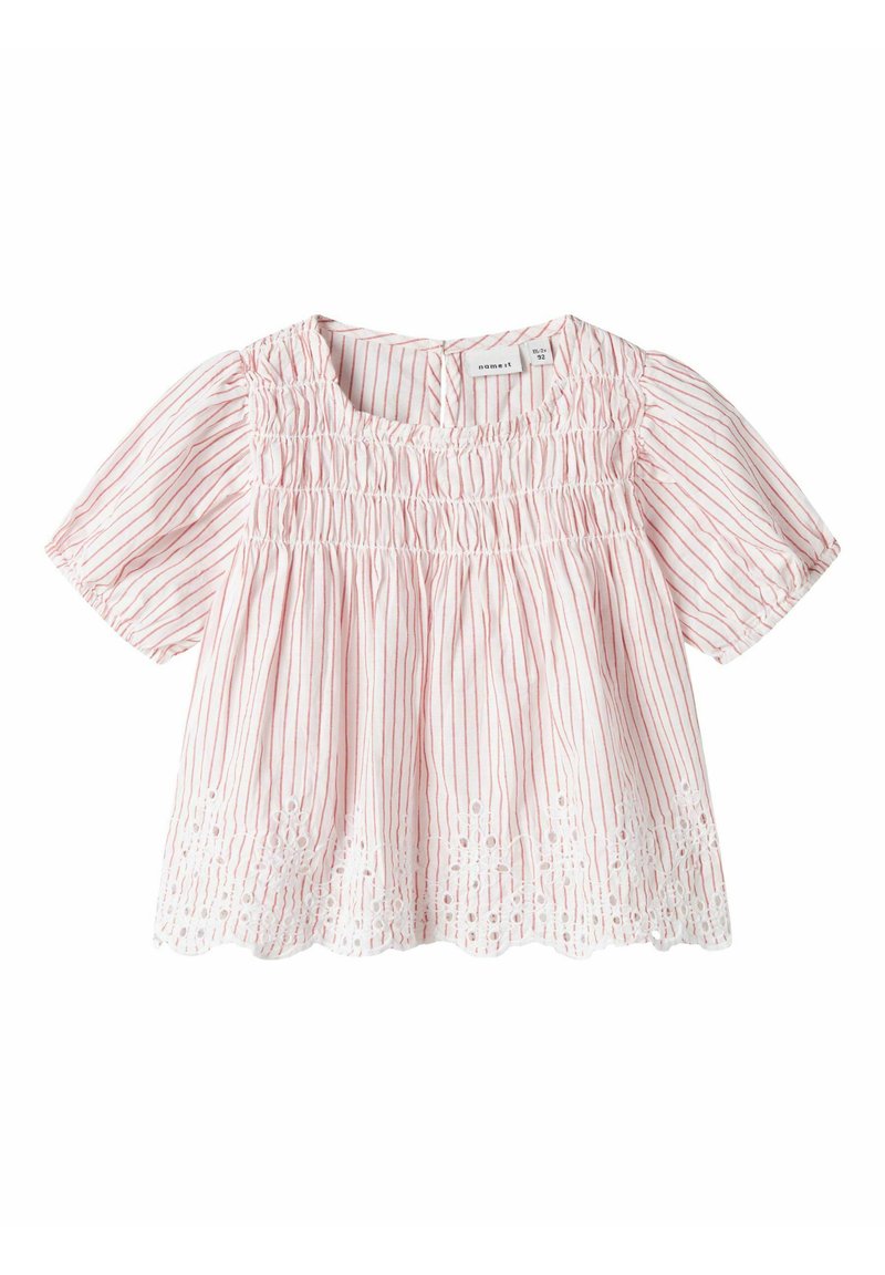 Rosa Bluse mit kurzen Ärmeln und weißen vertikalen Streifen, gerafftem Oberteil und Spitzenbesatz am Saum. Hergestellt aus leichtem Stoff.