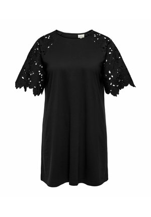 Zwarte T-shirt jurk met korte mouwen, voorzien van ingewikkelde zwarte kantdetails, een ronde hals en een relaxte pasvorm. Soepele stoftextuur.