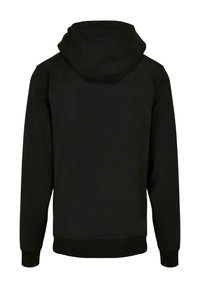 Felpa nera con una vestibilità comoda, dotata di cappuccio regolabile con cordino, polsini e orlo a coste. Tessuto morbido, design semplice, senza motivi o accessori visibili.