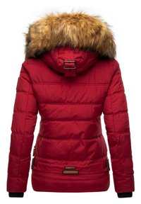 Red padded jacket with a faux fur-trimmed hood, featuring a buckle closure, ribbed cuffs, and accent details on the sides.