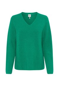 Grøn strikket sweater med V-hals, lange ærmer og sidelommer. Har en tekstureret overflade og en afslappet pasform.