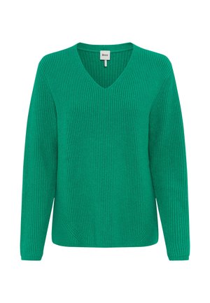 Groene gebreide trui met een V-hals, lange mouwen en zijaccenten. Heeft een gestructureerde afwerking en een losse pasvorm.
