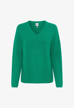 Maglione verde lavorato a maglia con scollo a V, maniche lunghe e dettagli laterali. Presenta una finitura testurizzata e una vestibilità comoda.