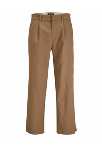 Brown trousers made of a smooth fabric, featuring a straight cut, pleats at the front, and belt loops. No visible patterns or accents.