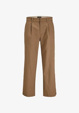 Brown trousers made of a smooth fabric, featuring a straight cut, pleats at the front, and belt loops. No visible patterns or accents.