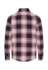 Langärmliges Karohemd mit blauen, roten und weißen Quadraten. Verfügt über einen Button-Down-Kragen und Manschetten, aus weichem Stoff mit leicht gebürsteter Textur.