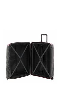Hard-shell suitcase in dark red with dual compartments. Interior features black fabric lining and adjustable elastic straps for securing items.