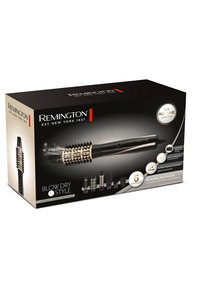 Remington Blow Dry & Style-kit innehåller en 1200W luftstyler med svart kropp, guldakenter och sex tillbehör för mångsidiga stylingalternativ.