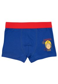 Boxer shorts in cotone blu con una cintura elastica rossa, che presenta un'illustrazione del volto di un personaggio e il testo "FIREMAN SAM."