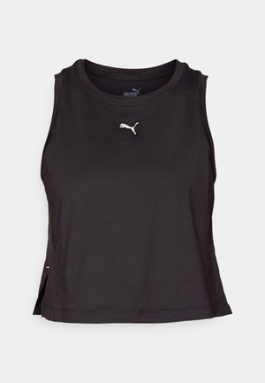 Top de sport sans manches noir en tissu lisse. Il présente un col ras du cou, des fentes sur les côtés et un logo blanc sur la poitrine.