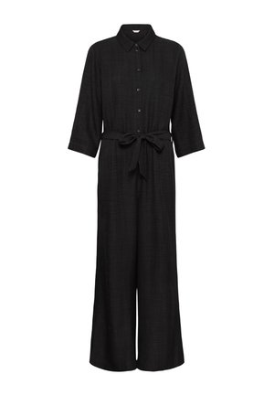 Musta, teksturoitu pitkähihaisen haalari, jossa napit edessä, kaulus, leveät lahkeet ja solmittava vyötärönauha.