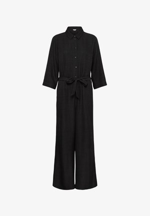 Musta, teksturoitu pitkähihaisen haalari, jossa napit edessä, kaulus, leveät lahkeet ja solmittava vyötärönauha.