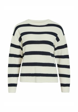 Knitted pullover sweater featuring horizontal navy and cream stripes, crew neckline, and long sleeves with a relaxed fit.
