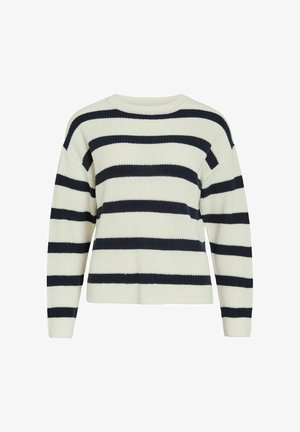 Knitted pullover sweater featuring horizontal navy and cream stripes, crew neckline, and long sleeves with a relaxed fit.