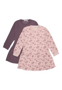 To lange langermede kjoler: en i mørk lilla med et enkelt design, og en i lys rosa med blomstermønster. Begge har rund hals.