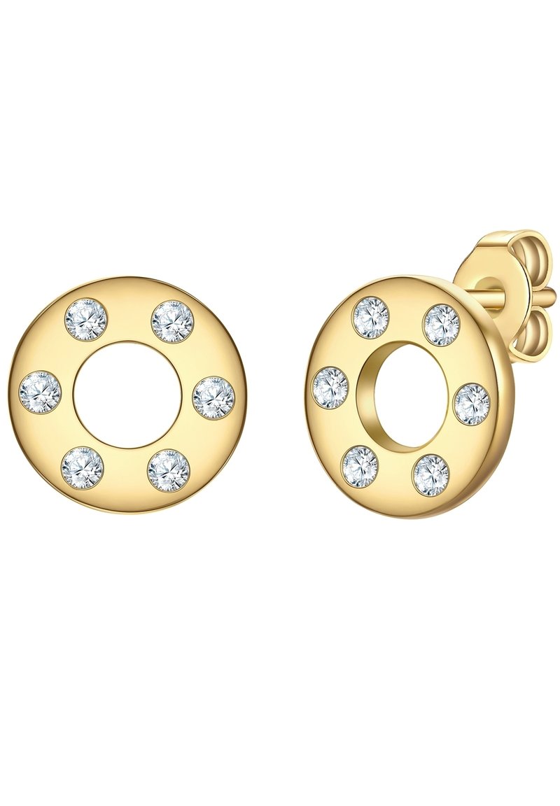 Zelta riņķa auskari ar apļveida dizainu, rotāti ar sešiem caurspīdīgiem dārgakmeņiem ap ārējo malu, ar centrālu dobumu.