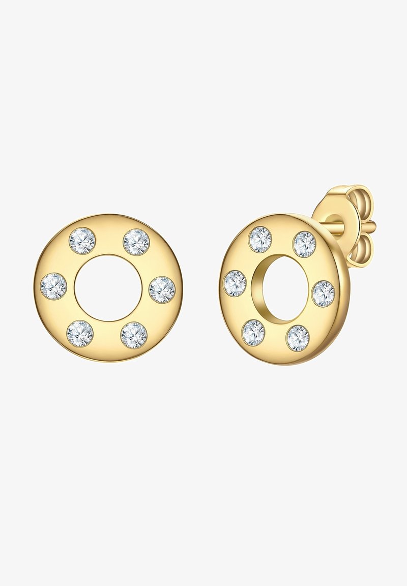 Zelta riņķa auskari ar apļveida dizainu, rotāti ar sešiem caurspīdīgiem dārgakmeņiem ap ārējo malu, ar centrālu dobumu.