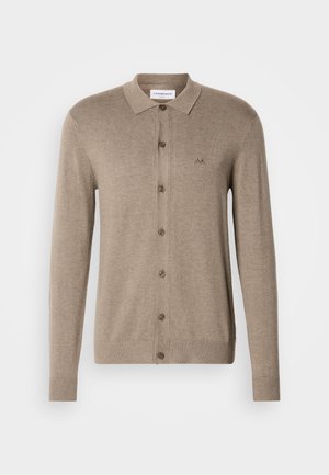 Beige knitted cardigan with a collared neckline, button closure, and a small embroidered logo on the left chest. Soft texture and standard fit.