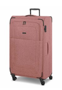 Valigia di stoffa rosa con superficie testurizzata, due scomparti con zip, un manico estensibile e quattro ruote nere per la mobilità.