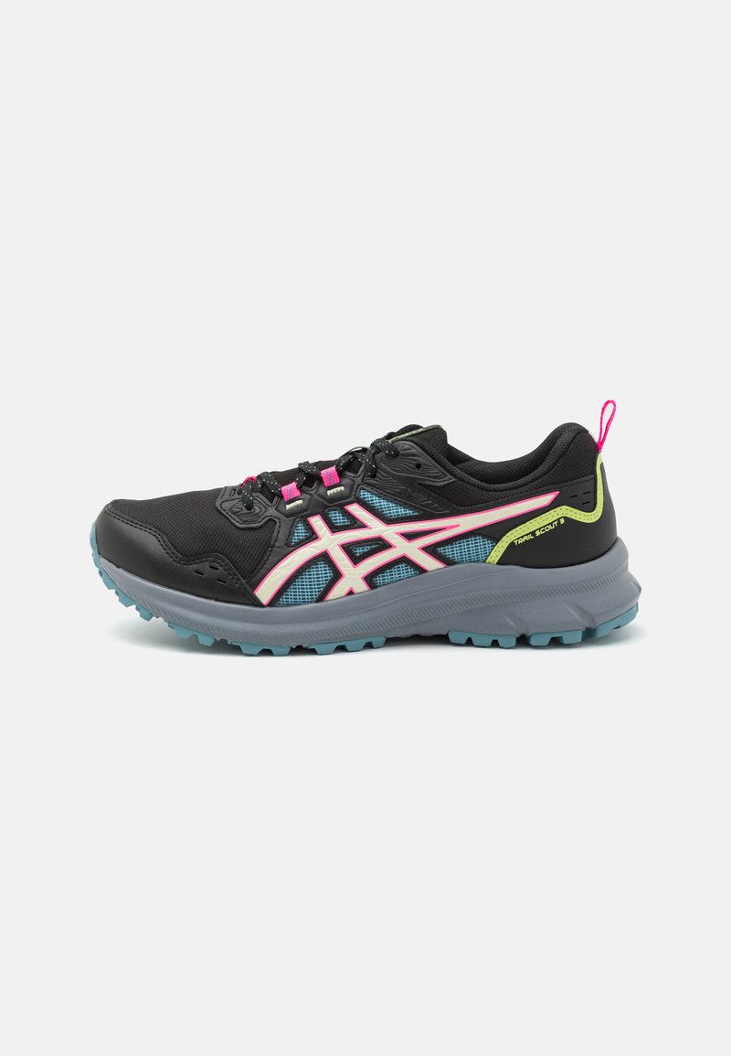 Black athletic shoes with a mesh upper, bright pink and teal accents, a patterned design, and a textured outsole for traction.