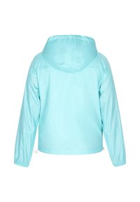 Lyseblå, hættejakke i vindstoppermateriale med elastiske manchetter og snoretræk i kanten. Glat, skinnende materiale med et enkelt, moderne design.