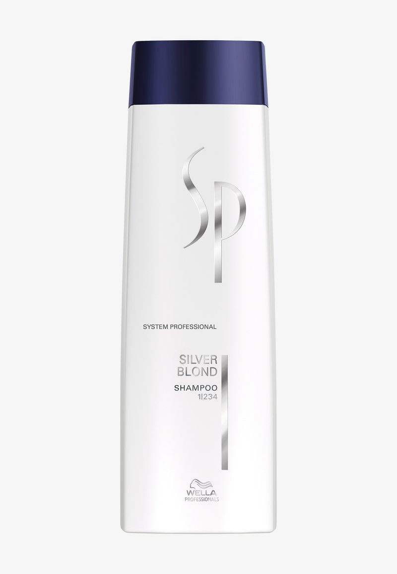 Bottiglia bianca con un tappo blu, con lettering argento per "SHAMPOO BLOND ARGENTO SP 11234" e il logo Wella Professionals.