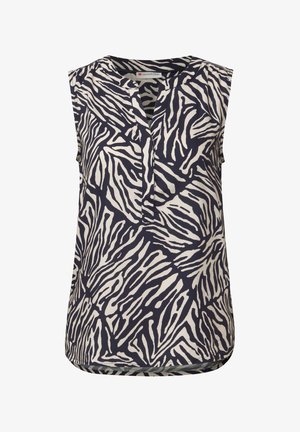 Sukienka bez rękawów w kolorze granatowym i kremowym, z dekoltem w kształcie litery V, z wzorem w paski zebry oraz prostym wykończeniem dołu. Lekka tkanina.