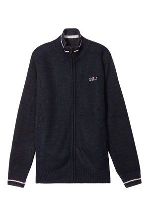 Cardigan zip-up navy in maglia testurizzata, con colletto alto, due tasche frontali e coste a righe su polsini e colletto.